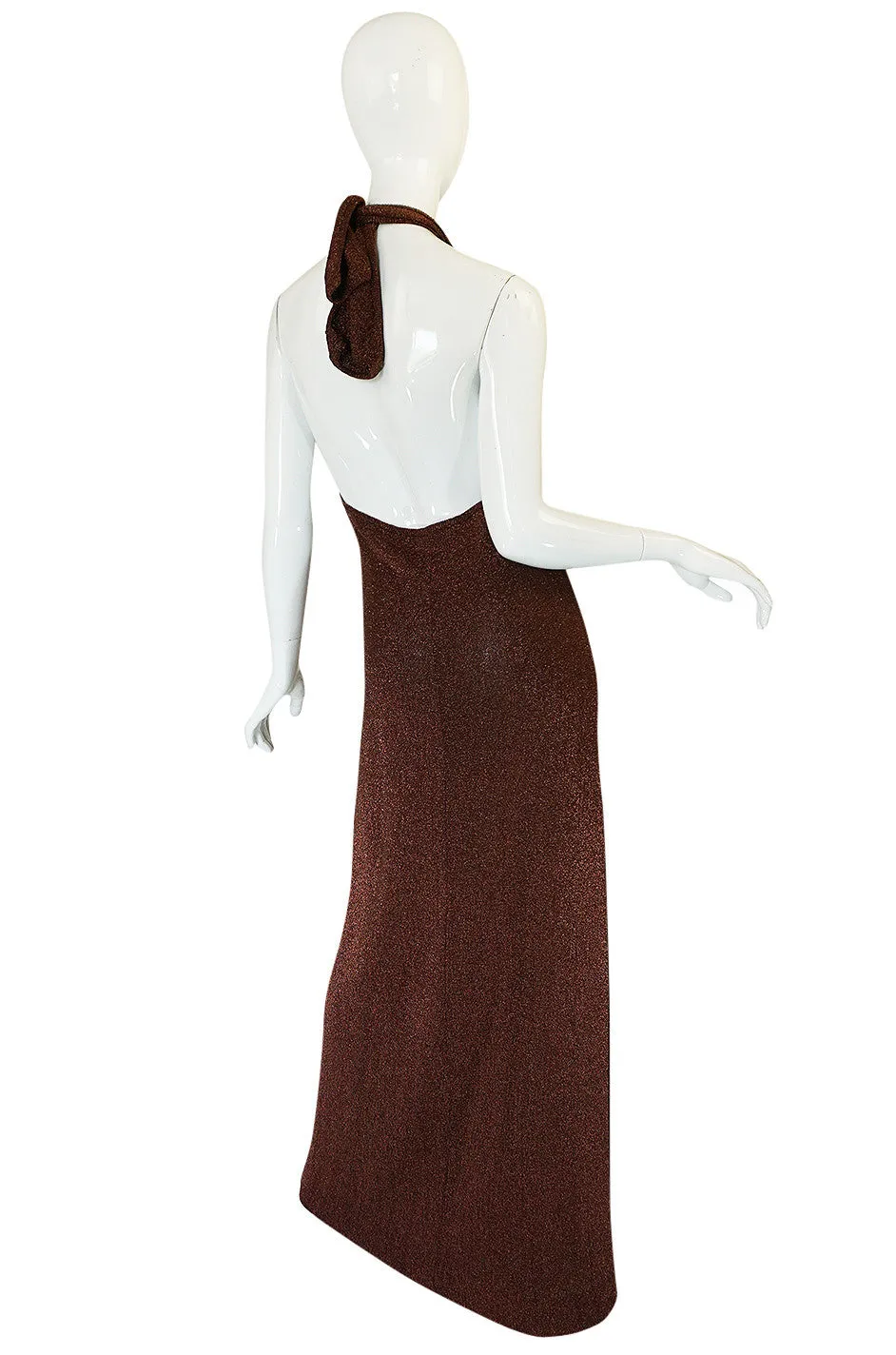 c1973 Copper Lame Lurex Plunging Halter Halston Dress