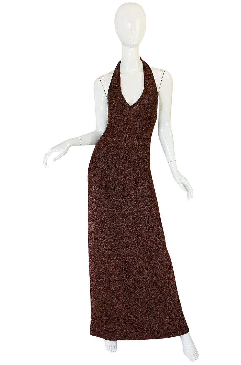 c1973 Copper Lame Lurex Plunging Halter Halston Dress