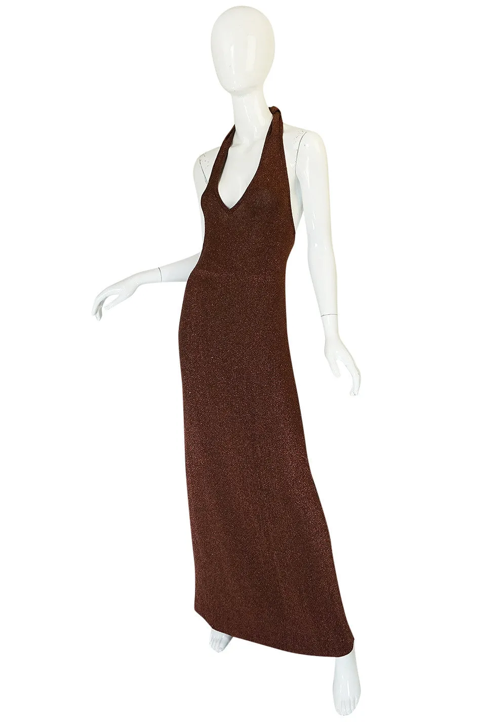 c1973 Copper Lame Lurex Plunging Halter Halston Dress