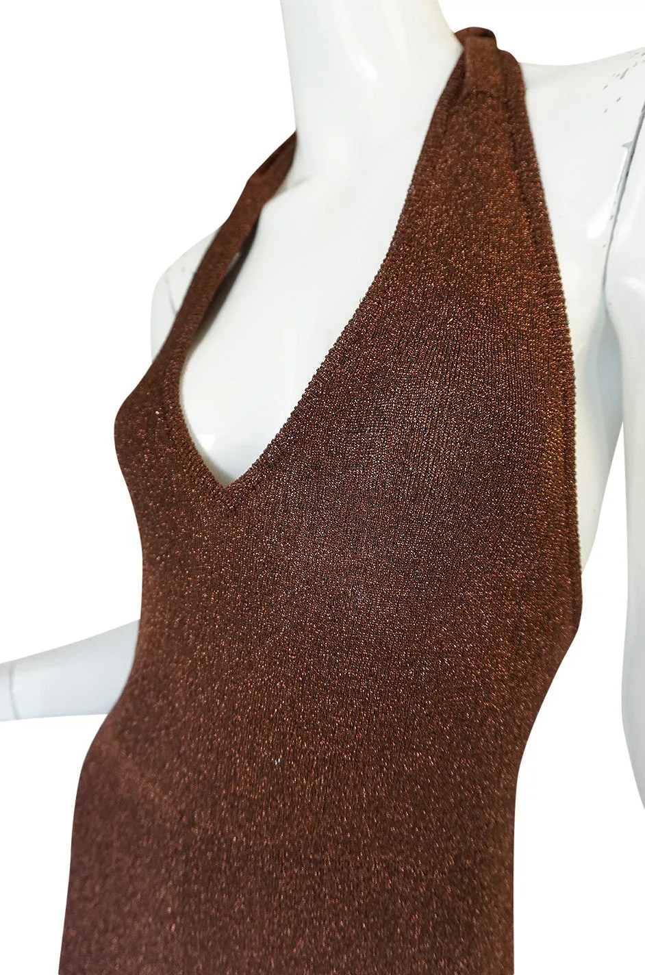 c1973 Copper Lame Lurex Plunging Halter Halston Dress