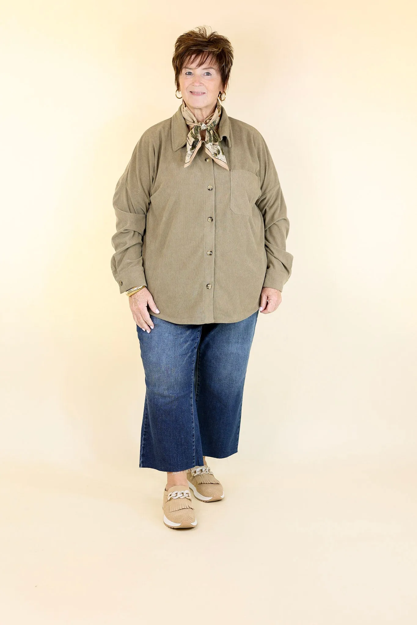 Captivating Cuteness Corduroy Button Up Shacket in Olive Green