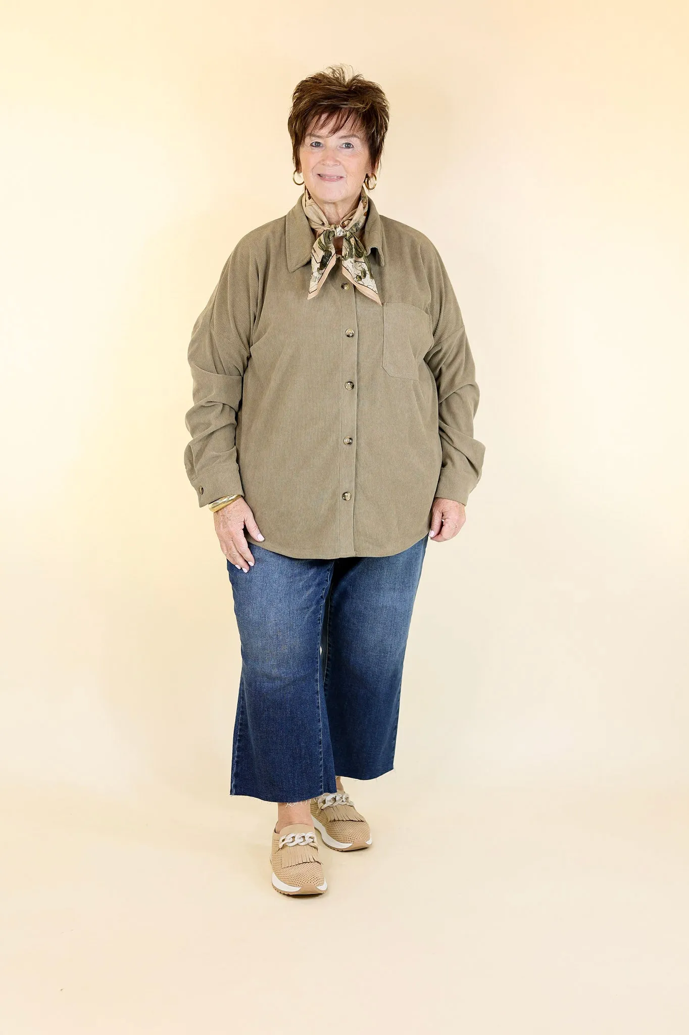 Captivating Cuteness Corduroy Button Up Shacket in Olive Green