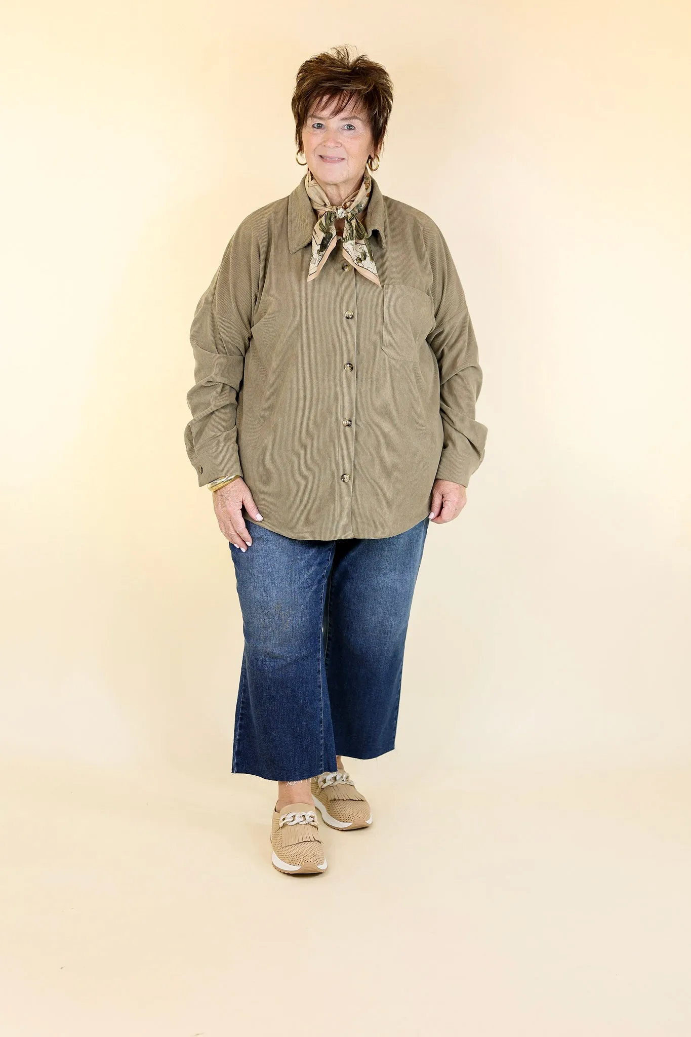 Captivating Cuteness Corduroy Button Up Shacket in Olive Green