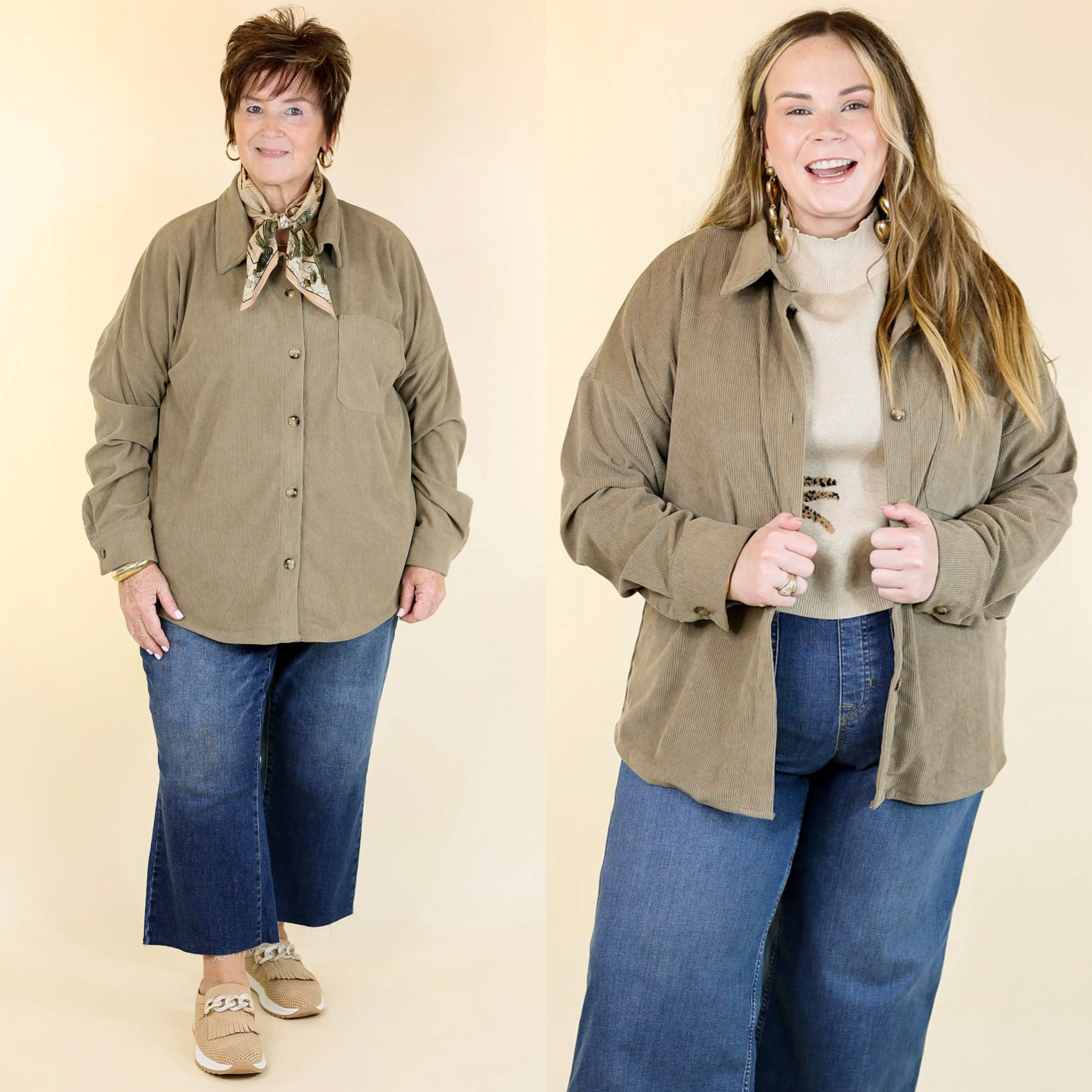 Captivating Cuteness Corduroy Button Up Shacket in Olive Green