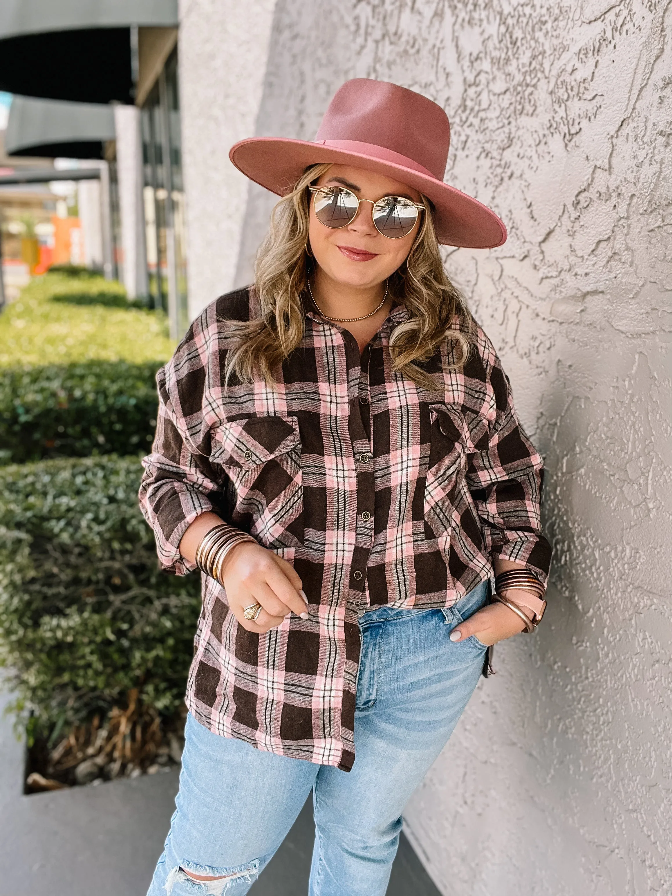 Cheery Mood Button Up Plaid Flannel Top in Pink and Brown