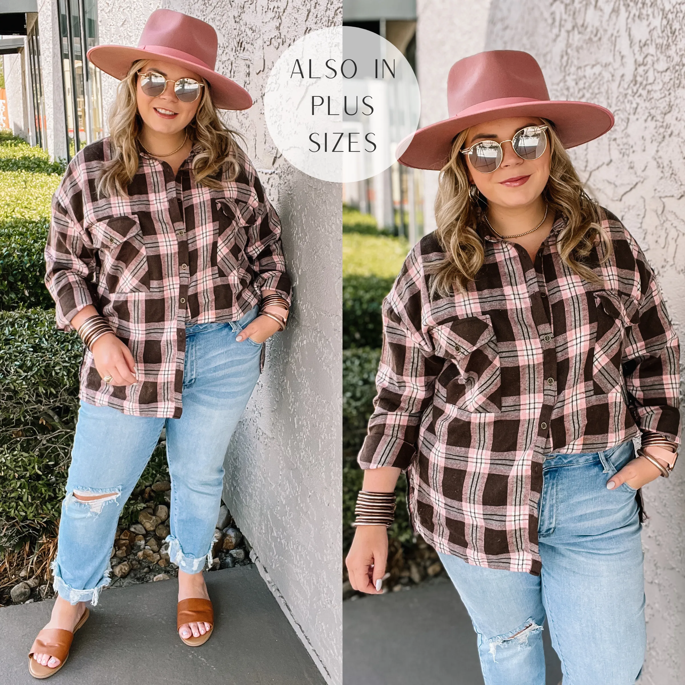 Cheery Mood Button Up Plaid Flannel Top in Pink and Brown