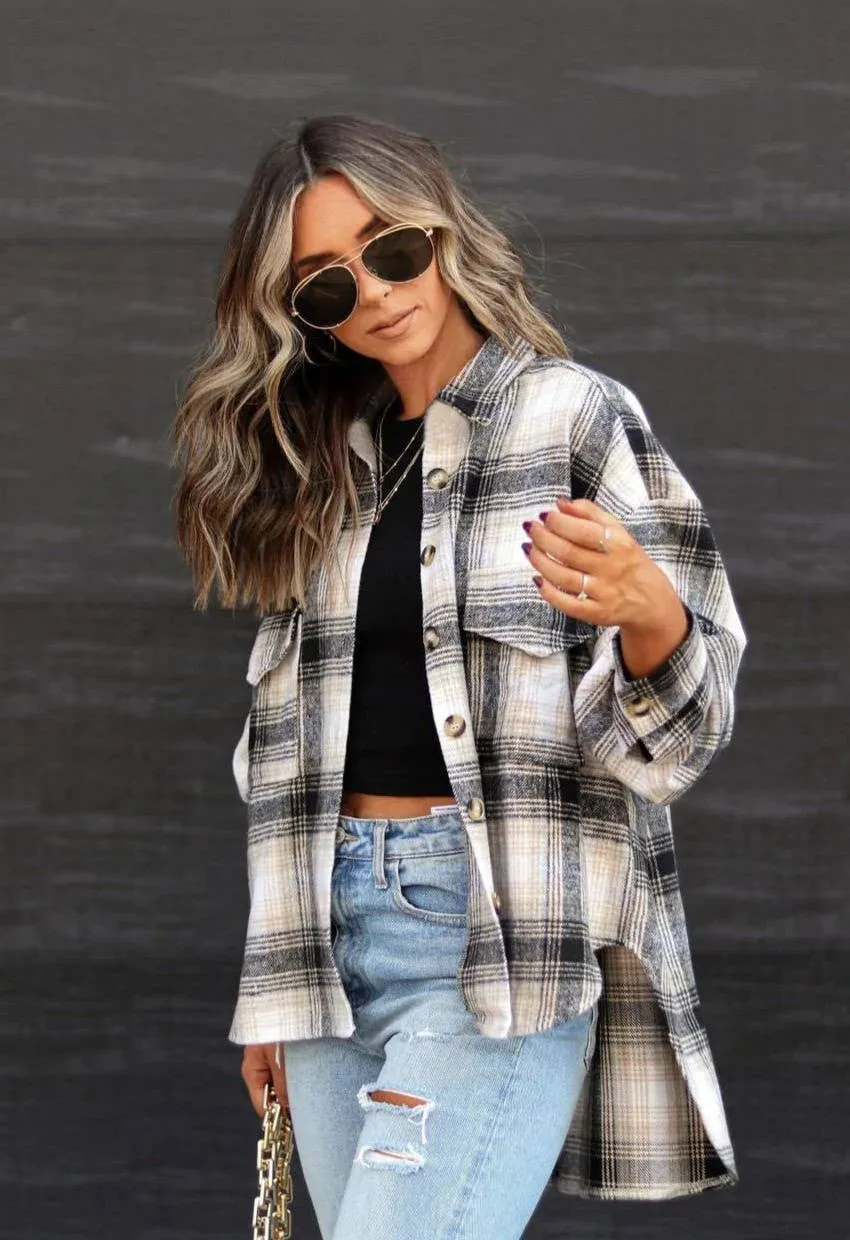 Classic plaid tartan button through basic shacket