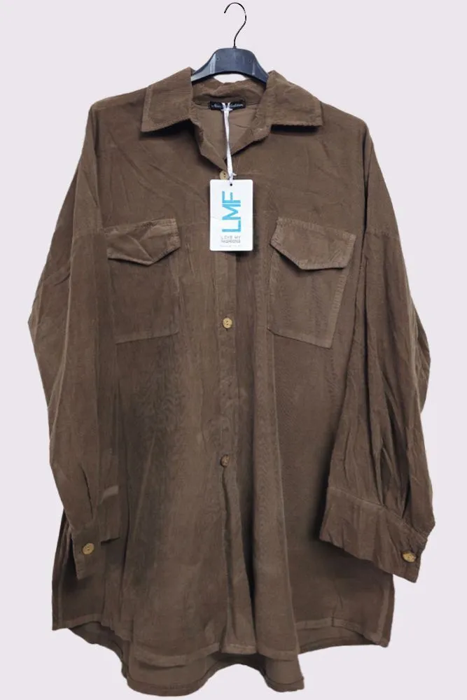 Corduroy High Low Hem Pockets Cotton Shirt