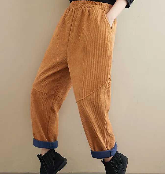 Corduroy  Stitching Harem Autumn Fleece Women Cotton Wide Leg Pants