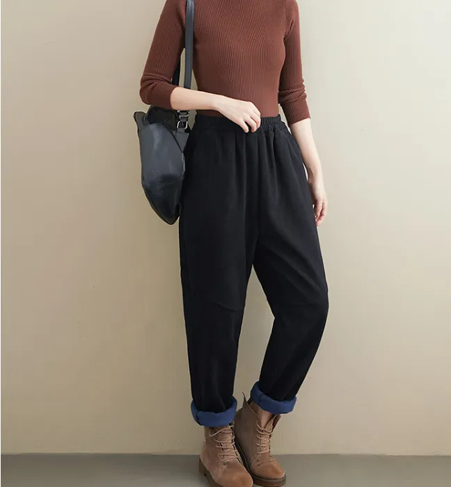 Corduroy  Stitching Harem Autumn Fleece Women Cotton Wide Leg Pants