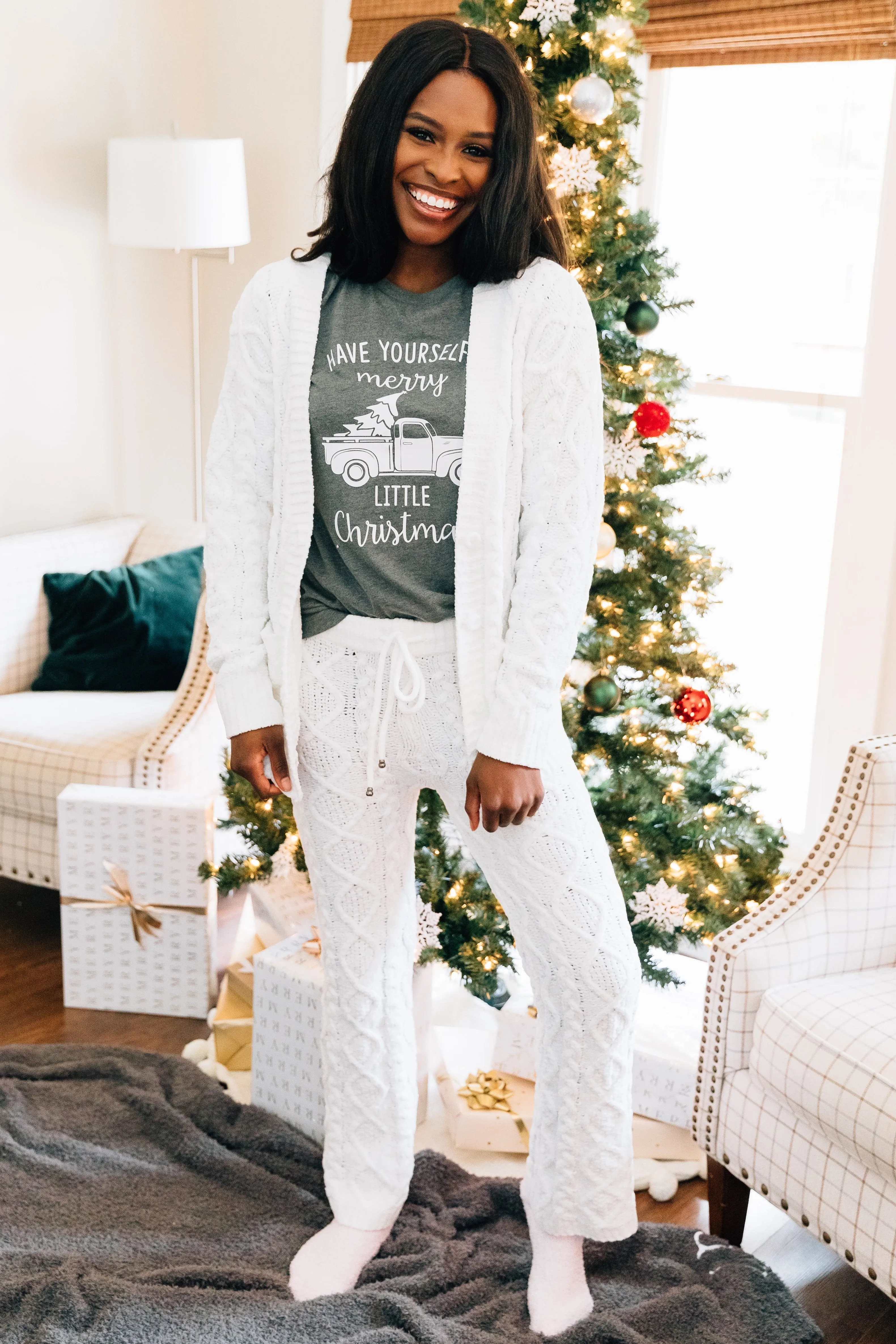 Cozy Winter Nights Snow White Cable Knit Pajama Pants