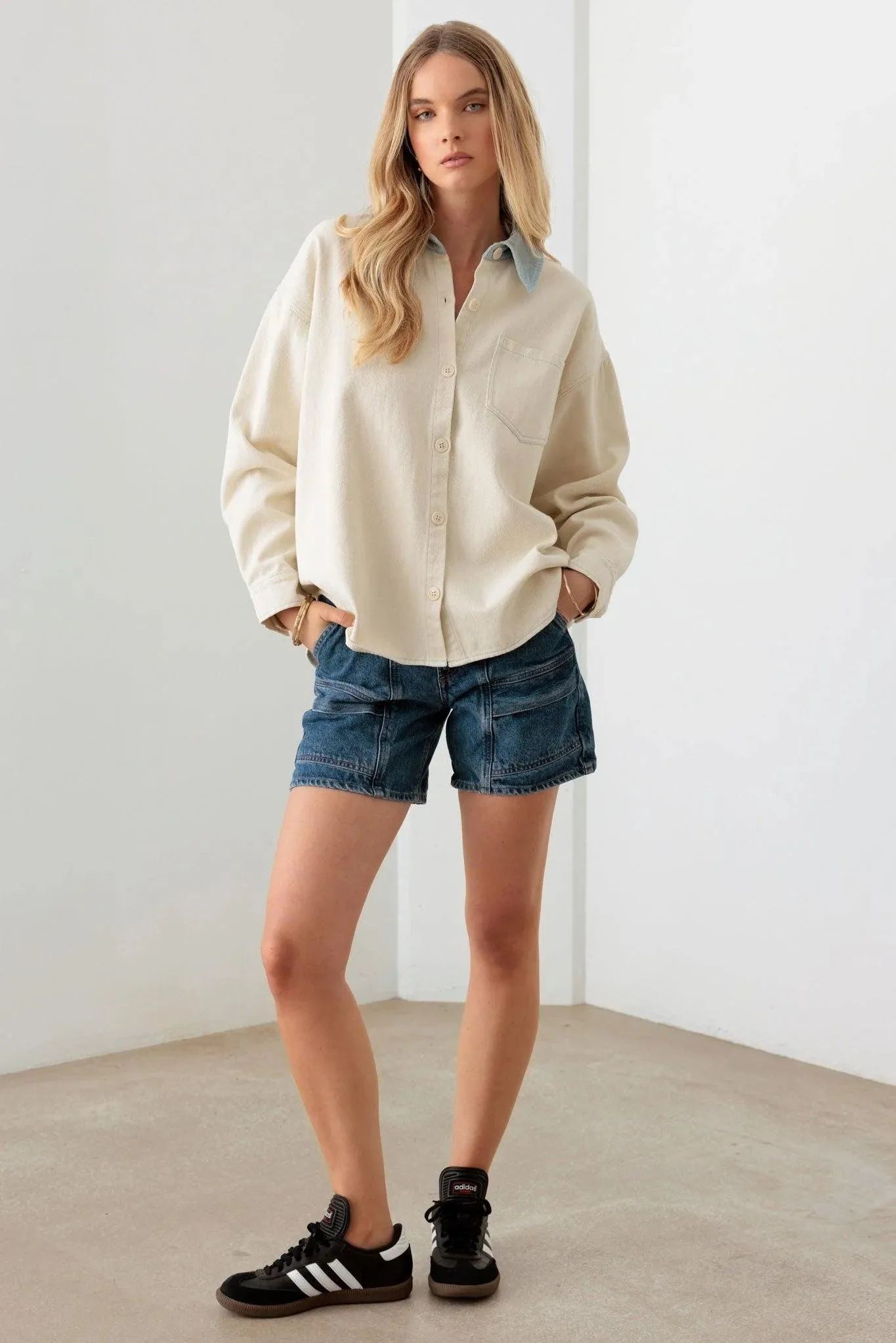 Cream Contrast Collar Cotton Pocket Oversized Shacket