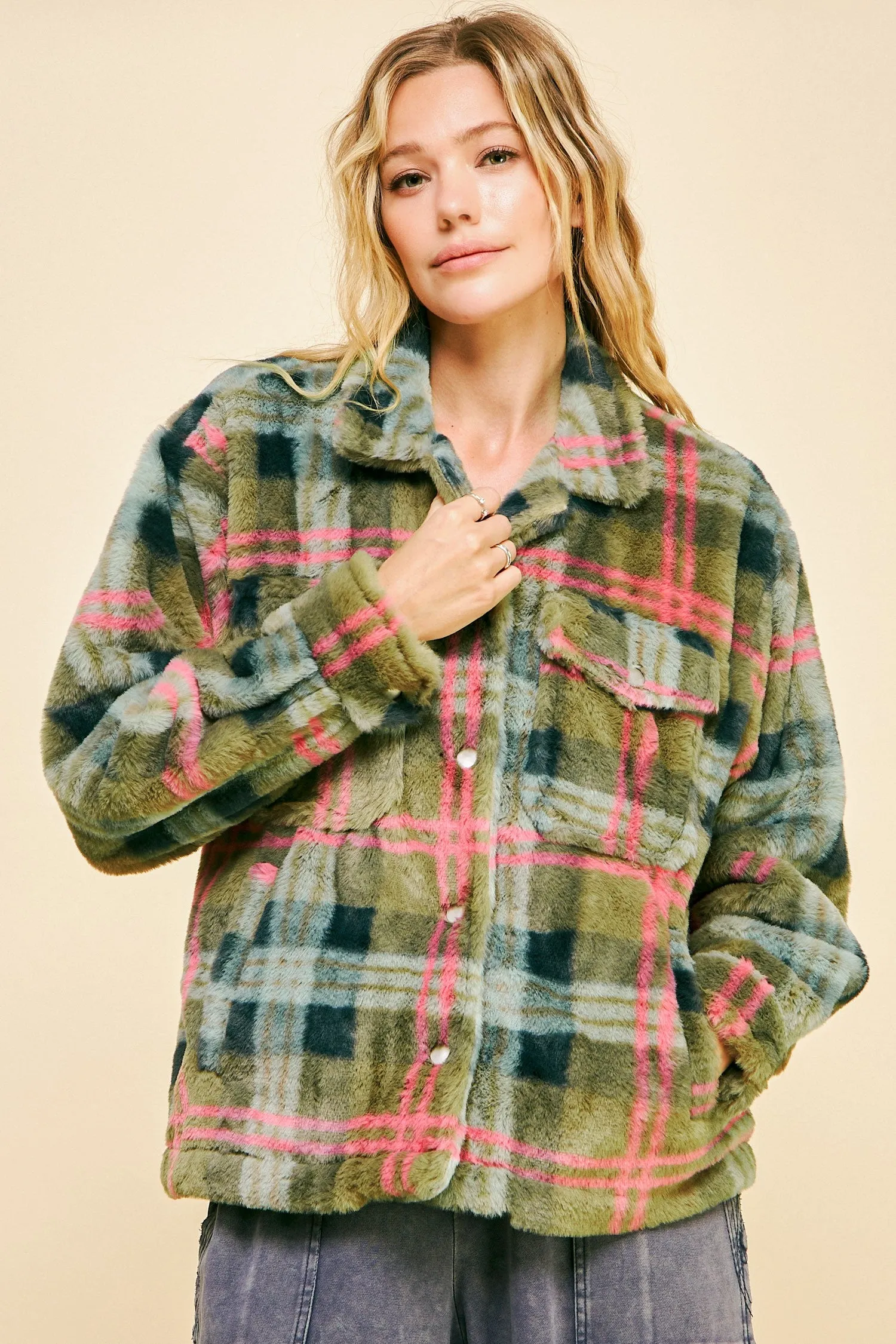 Davi & Dani Plaid Jacket in Olive/Orange