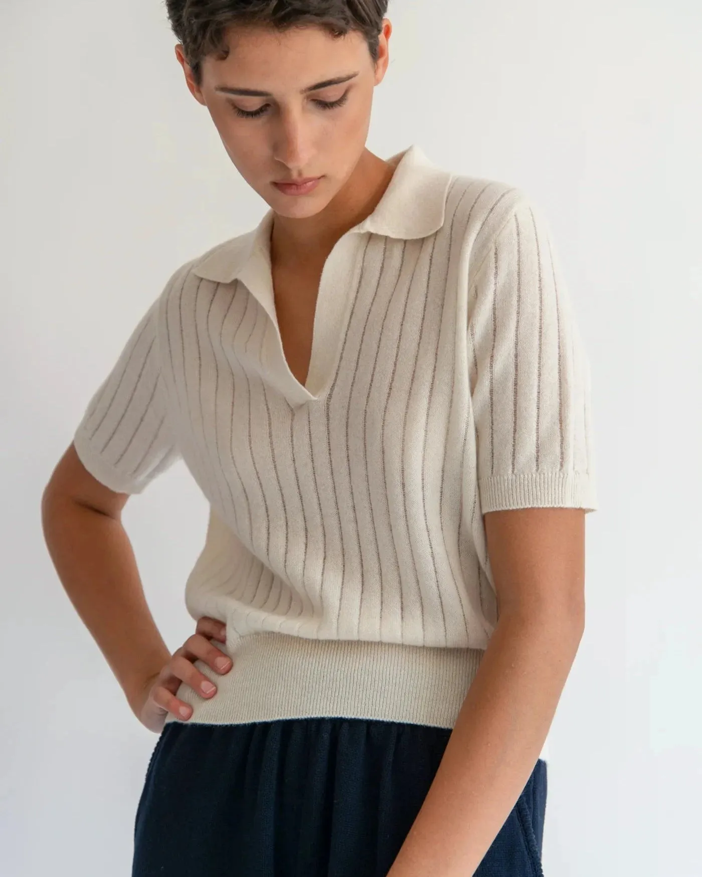 Demylee Skylar Polo Cashmere Top Ivory