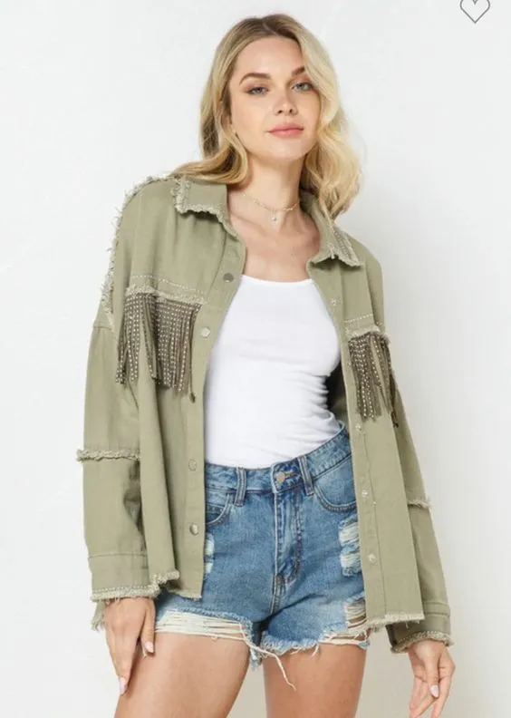 Denim Fringed Jacket Black Army Green Lavender Beige Red Or Ivory Studded Suede Fringe Frayed Edges Button Up Front Studs On Cuffs And Collar Too Available In Sizes XS Small Medium Or Large