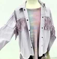 Denim Fringed Jacket Black Army Green Lavender Beige Red Or Ivory Studded Suede Fringe Frayed Edges Button Up Front Studs On Cuffs And Collar Too Available In Sizes XS Small Medium Or Large