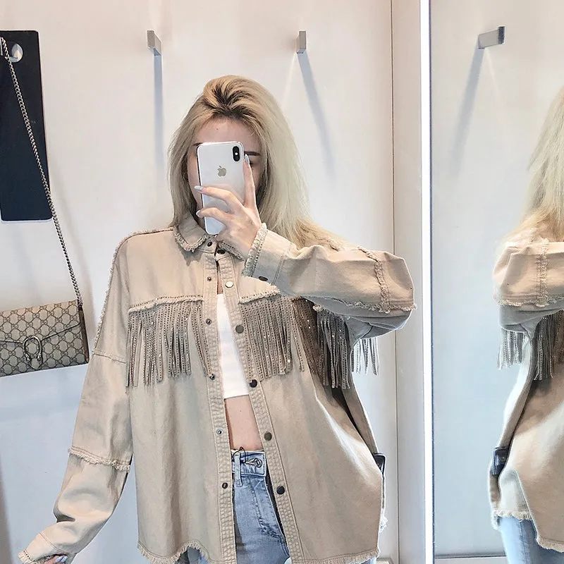 Denim Fringed Jacket Black Army Green Lavender Beige Red Or Ivory Studded Suede Fringe Frayed Edges Button Up Front Studs On Cuffs And Collar Too Available In Sizes XS Small Medium Or Large