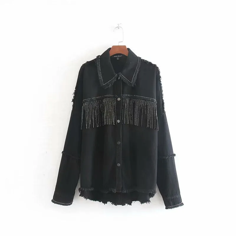 Denim Fringed Jacket Black Army Green Lavender Beige Red Or Ivory Studded Suede Fringe Frayed Edges Button Up Front Studs On Cuffs And Collar Too Available In Sizes XS Small Medium Or Large