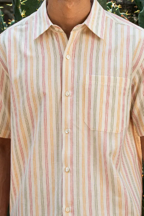 Dhaari Multi Color Pin Stripe Handwoven Half Sleeve White Pure Cotton Shirt