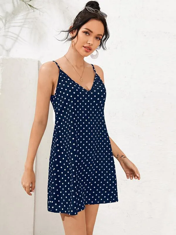 Double V-Neck Polka Dot Slip Dress