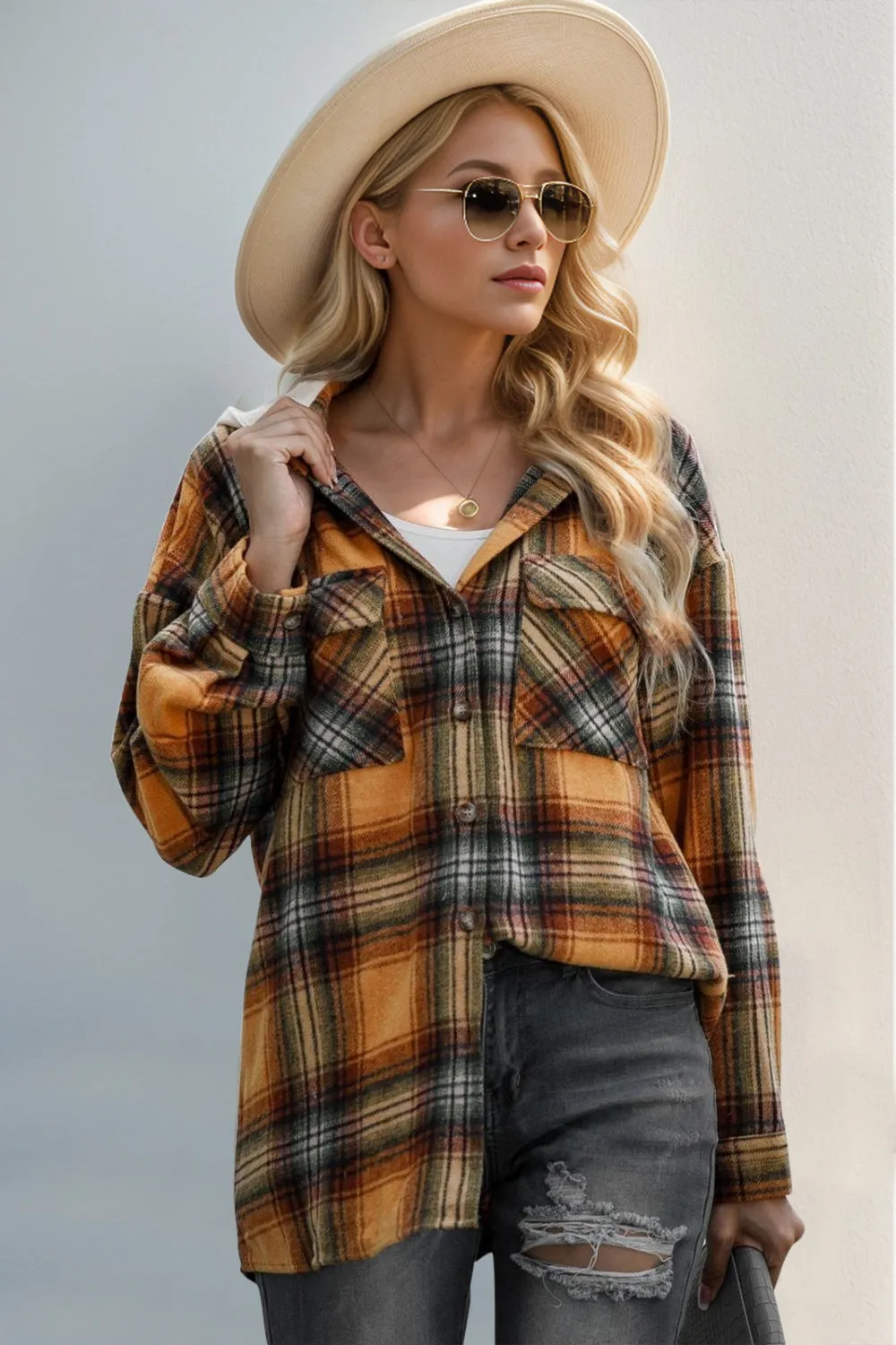 Drawstring Plaid Long Sleeve Hooded Shacket