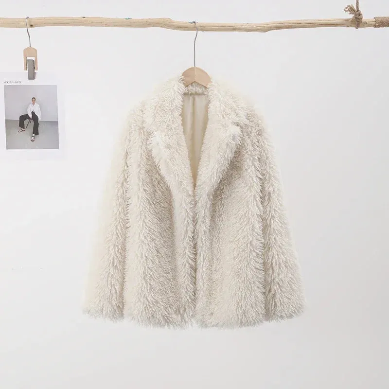 Elegant Lapel Faux Fur Long Sleeve Loose Solid Coats