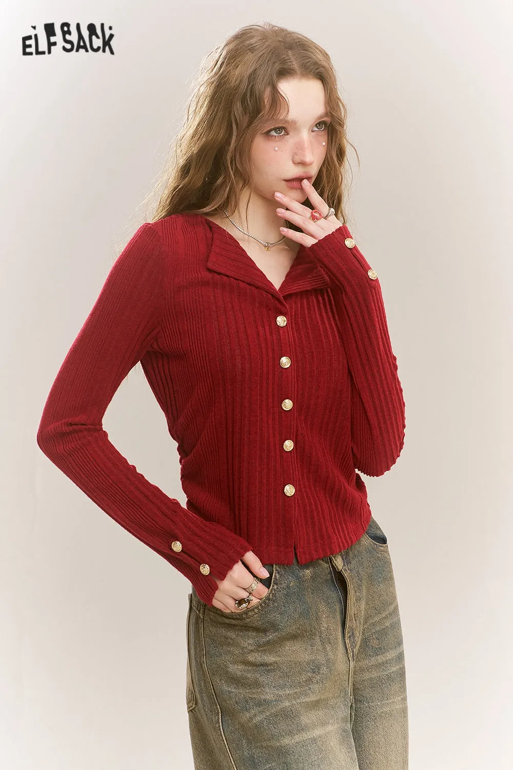 ELFSACK 2024 Winter New Arrivals Polo Neck Sweater Women Fake Buttons V Neck Solid Color Short Top