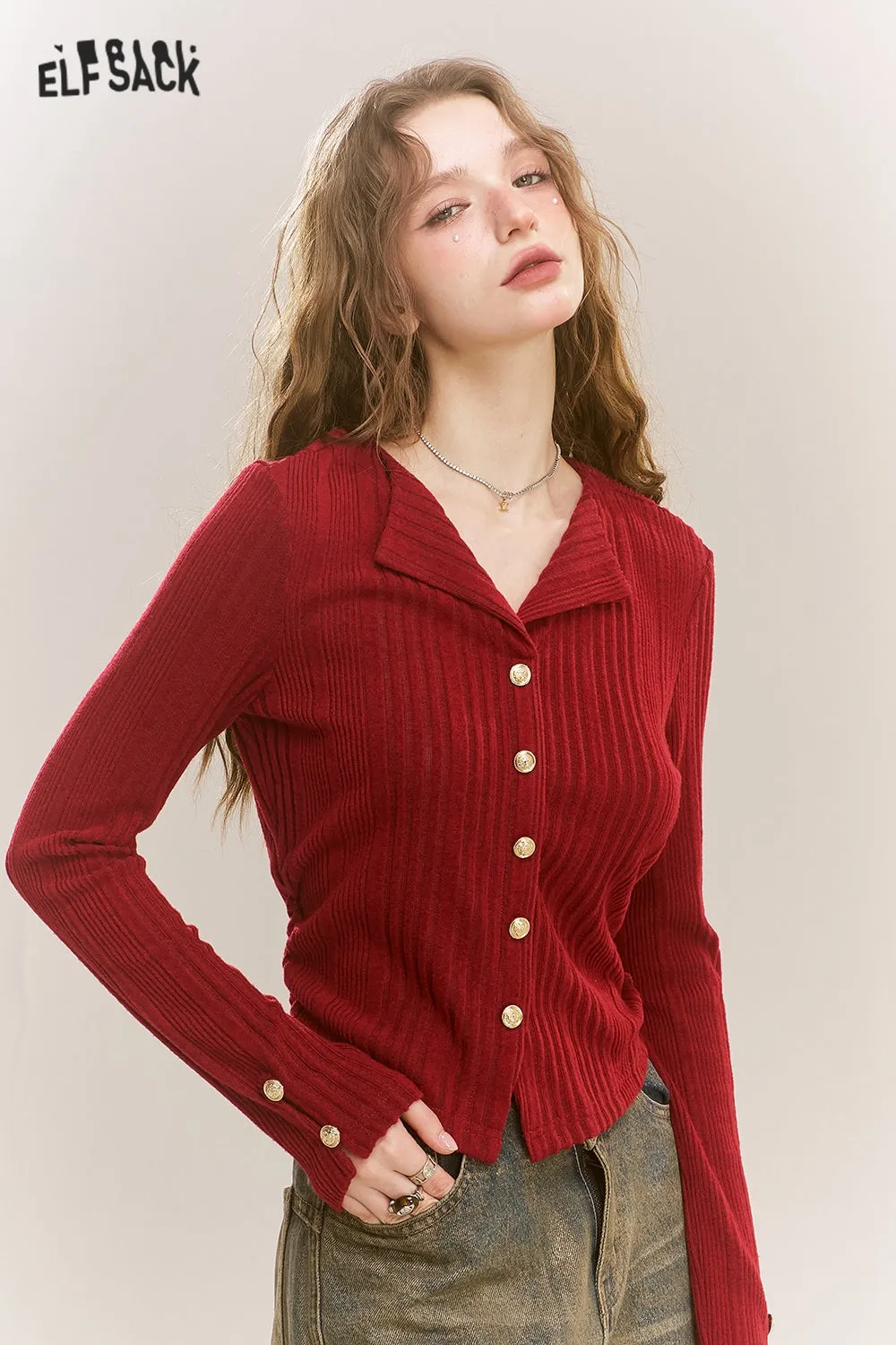 ELFSACK 2024 Winter New Arrivals Polo Neck Sweater Women Fake Buttons V Neck Solid Color Short Top