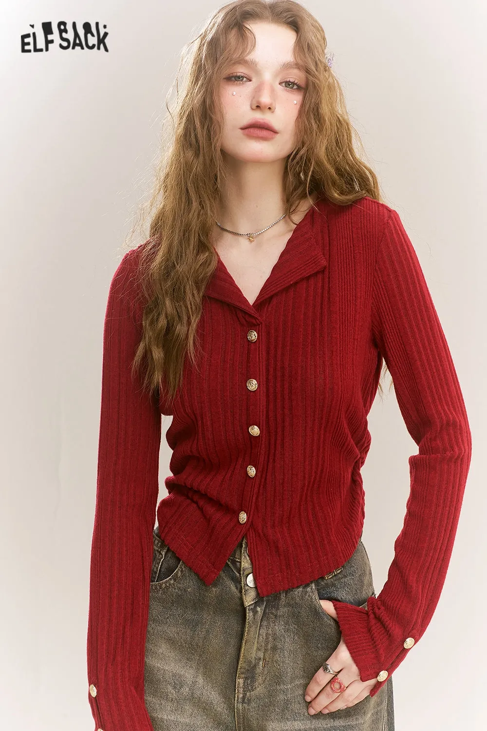 ELFSACK 2024 Winter New Arrivals Polo Neck Sweater Women Fake Buttons V Neck Solid Color Short Top