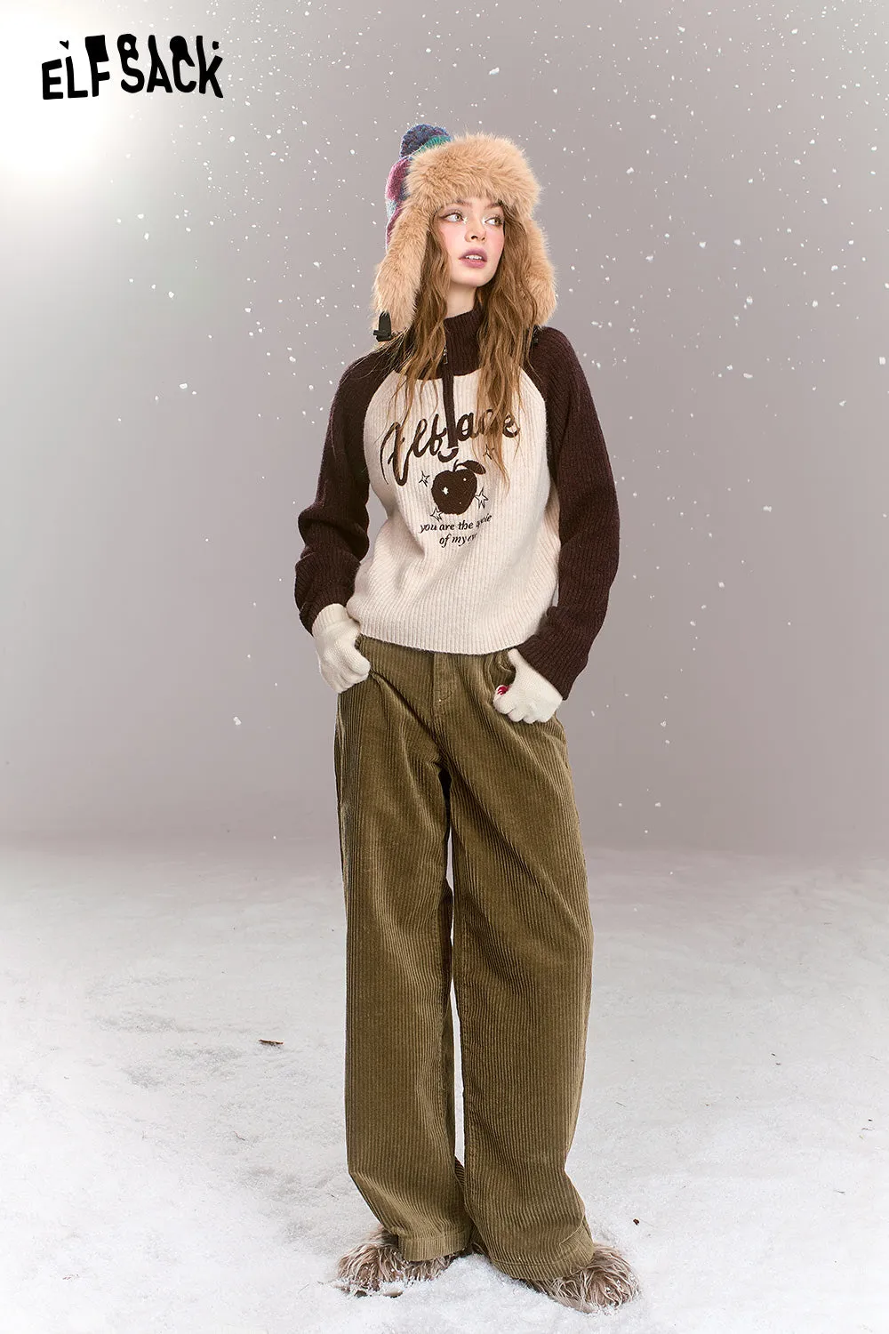 ELFSACK 2024 Winter New Arrivals Retro corduroy pants for women, casual and versatile loose straight pants