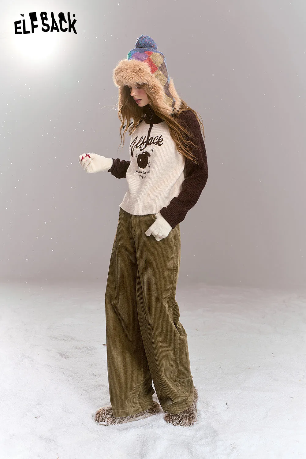 ELFSACK 2024 Winter New Arrivals Retro corduroy pants for women, casual and versatile loose straight pants