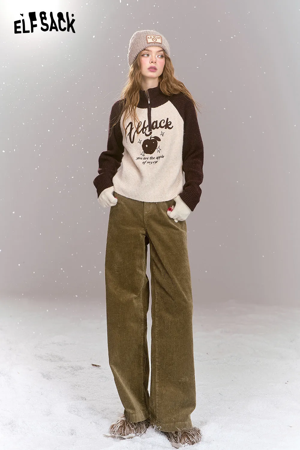 ELFSACK 2024 Winter New Arrivals Retro corduroy pants for women, casual and versatile loose straight pants