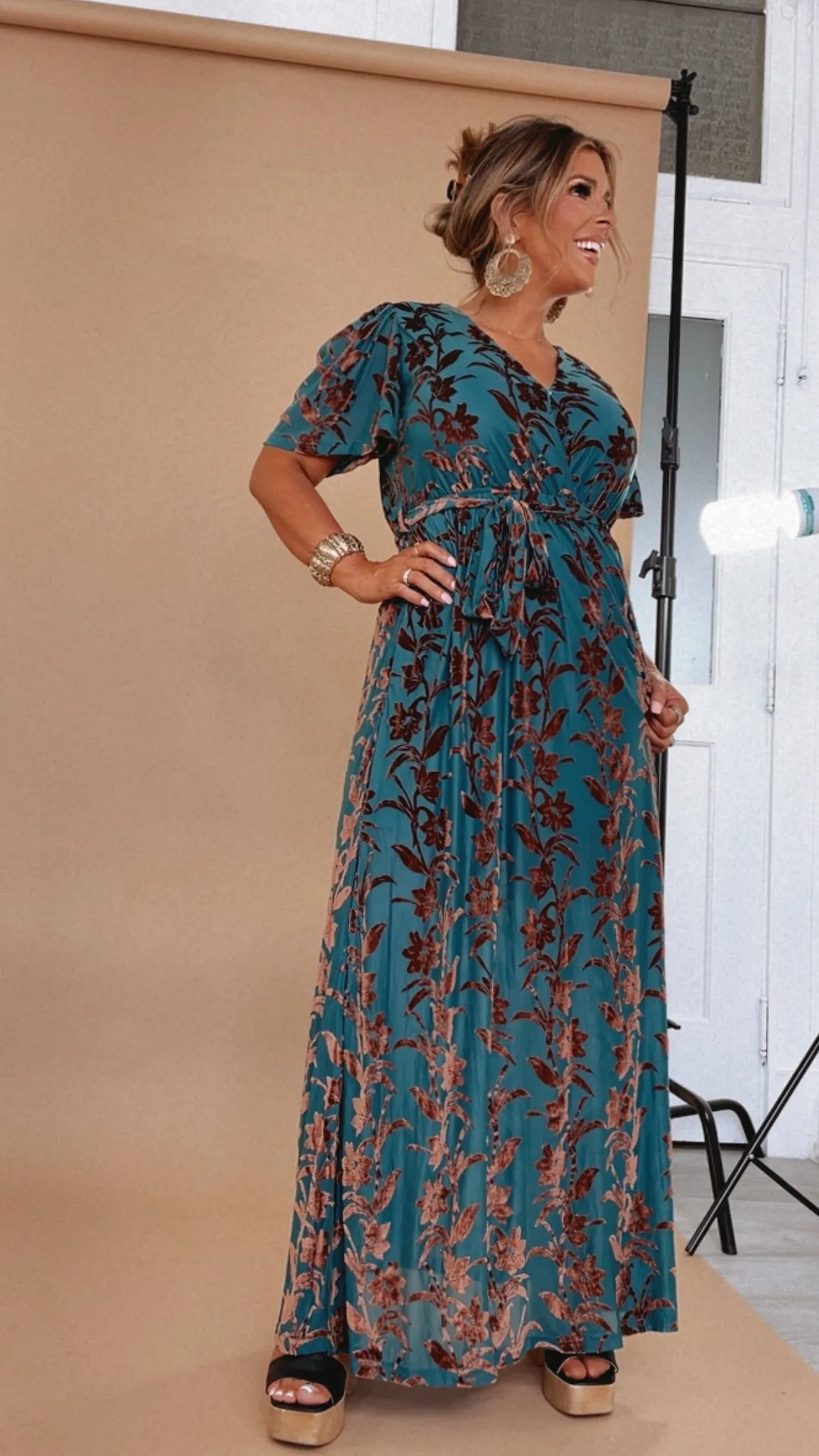 Enchanted Velvet Detailed Maxi Dress, Turquoise