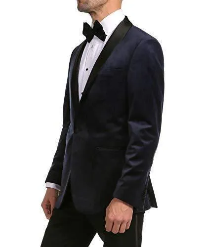 Enzo Collection-Navy Velvet Slim Fit Shawl Lapel Tuxedo Men's Blazer