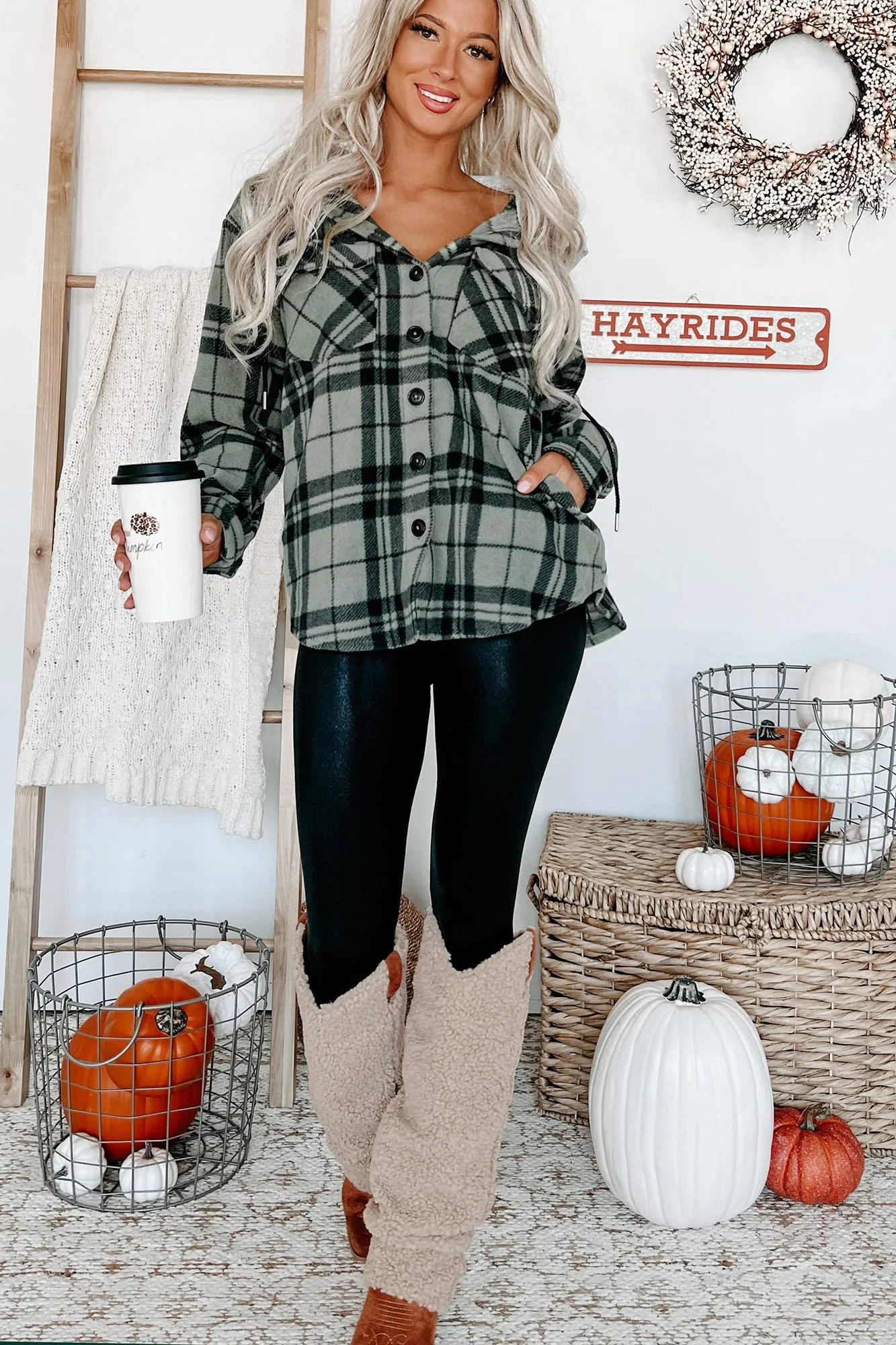 Fall Is Calling Hooded Plaid Shacket (Olive)