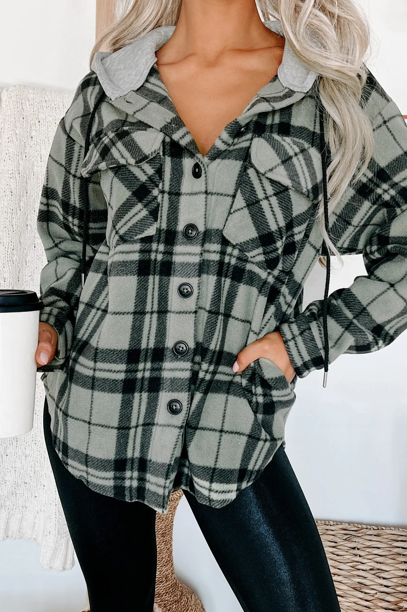 Fall Is Calling Hooded Plaid Shacket (Olive)