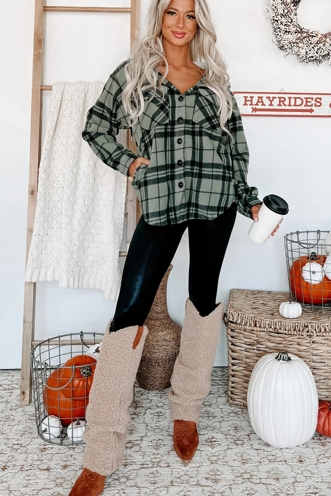 Fall Is Calling Hooded Plaid Shacket (Olive)