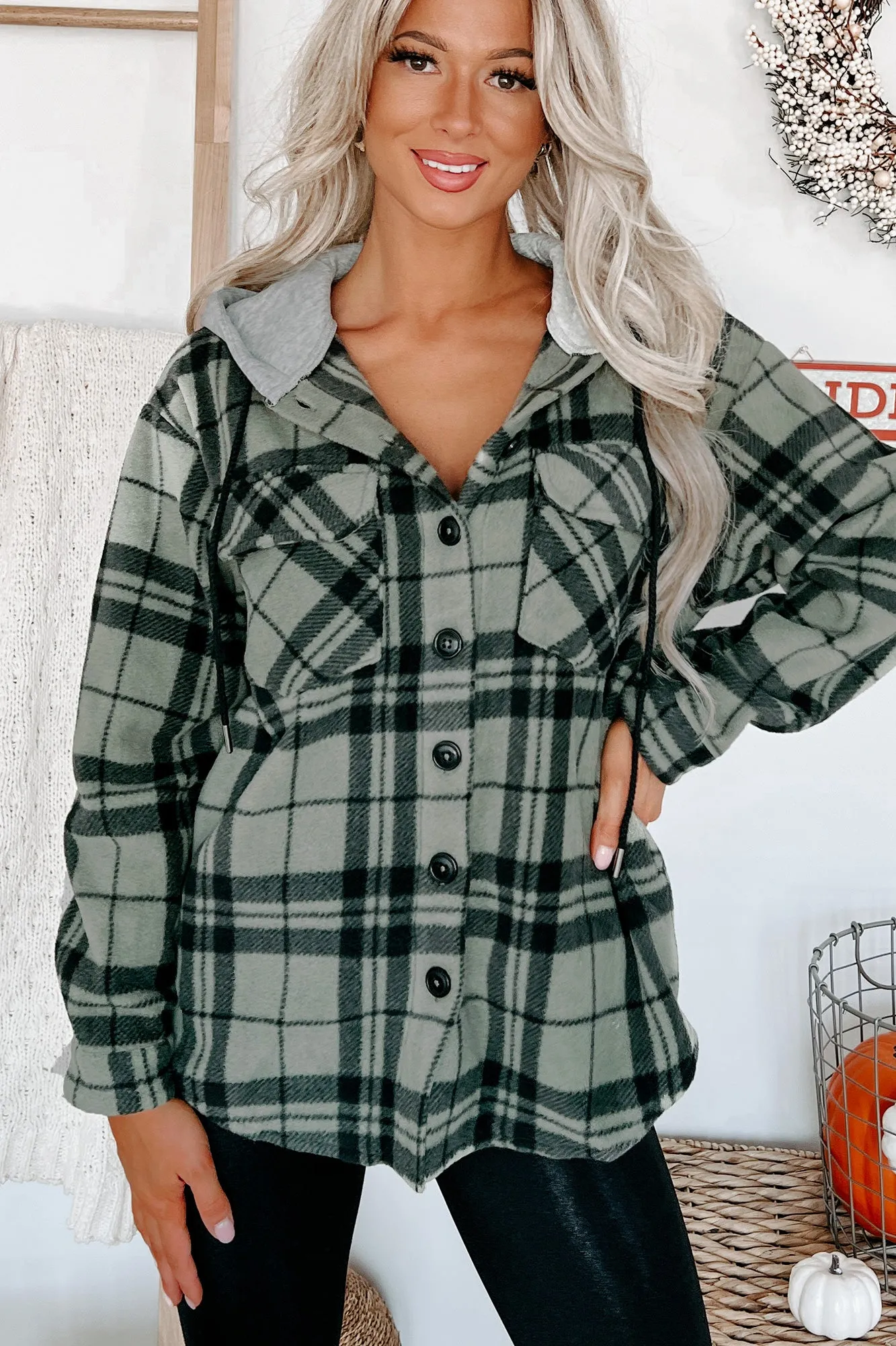 Fall Is Calling Hooded Plaid Shacket (Olive)