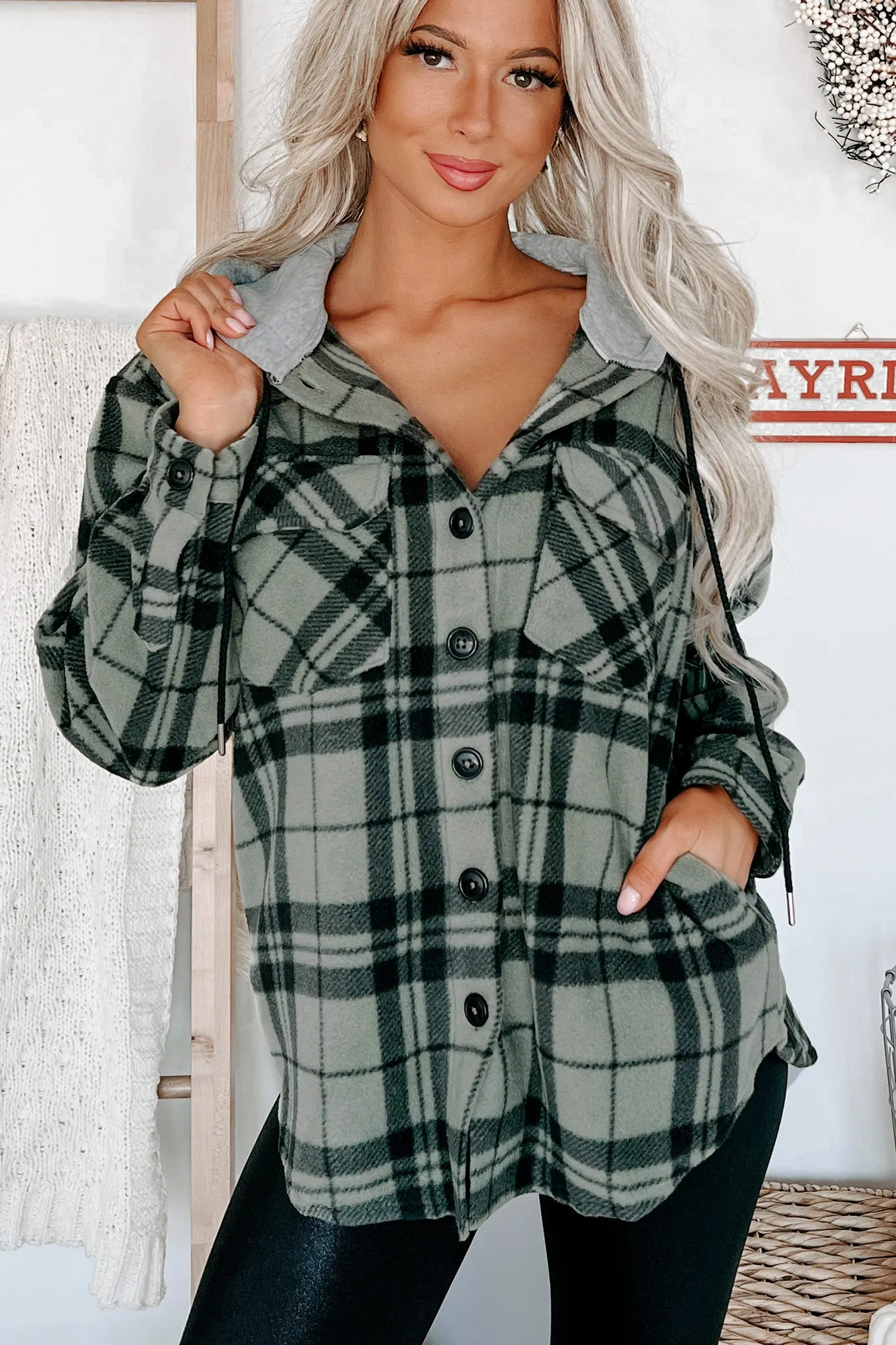 Fall Is Calling Hooded Plaid Shacket (Olive)