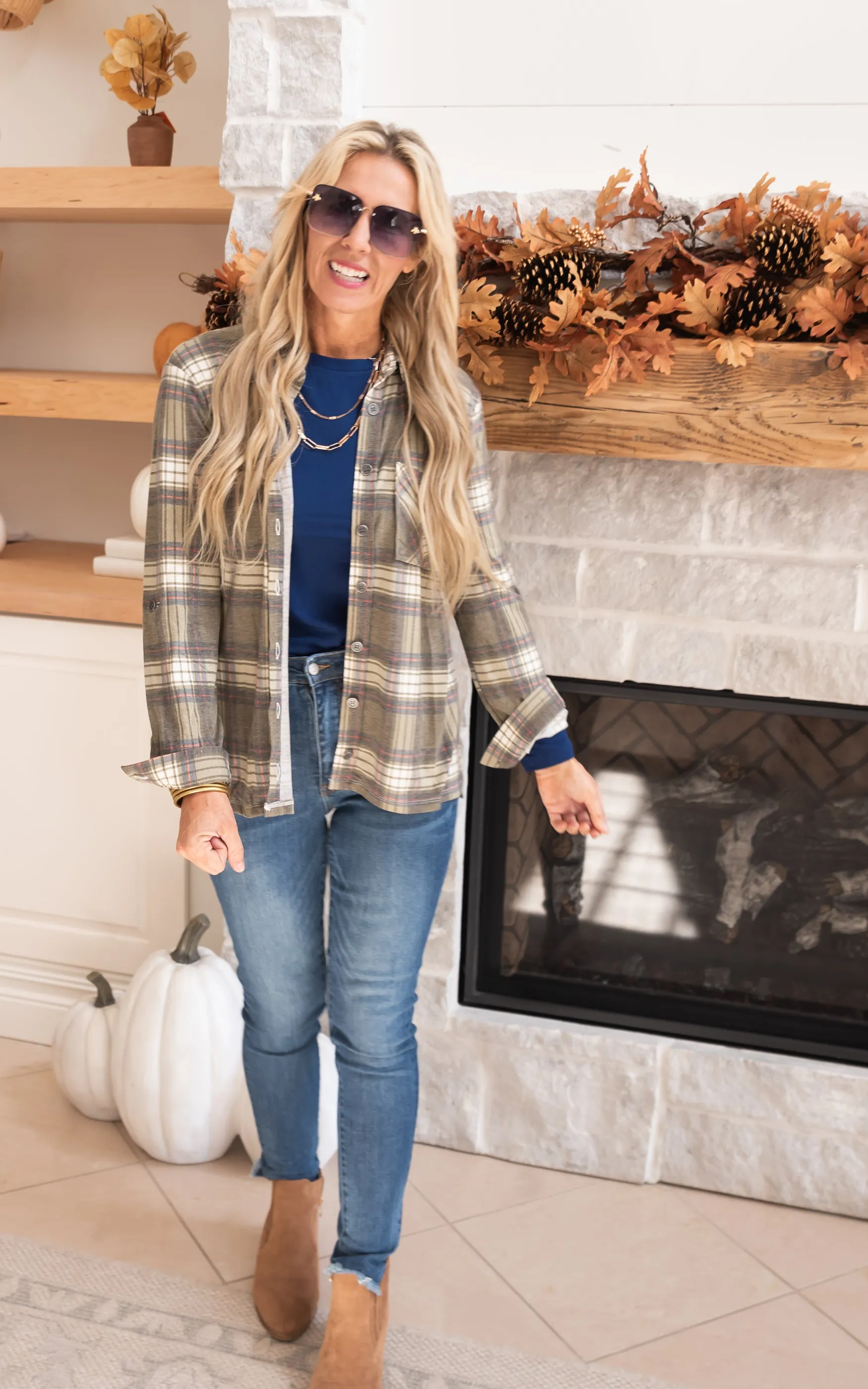 Falling for Plaid Roll Up Long Sleeve Top - Olive