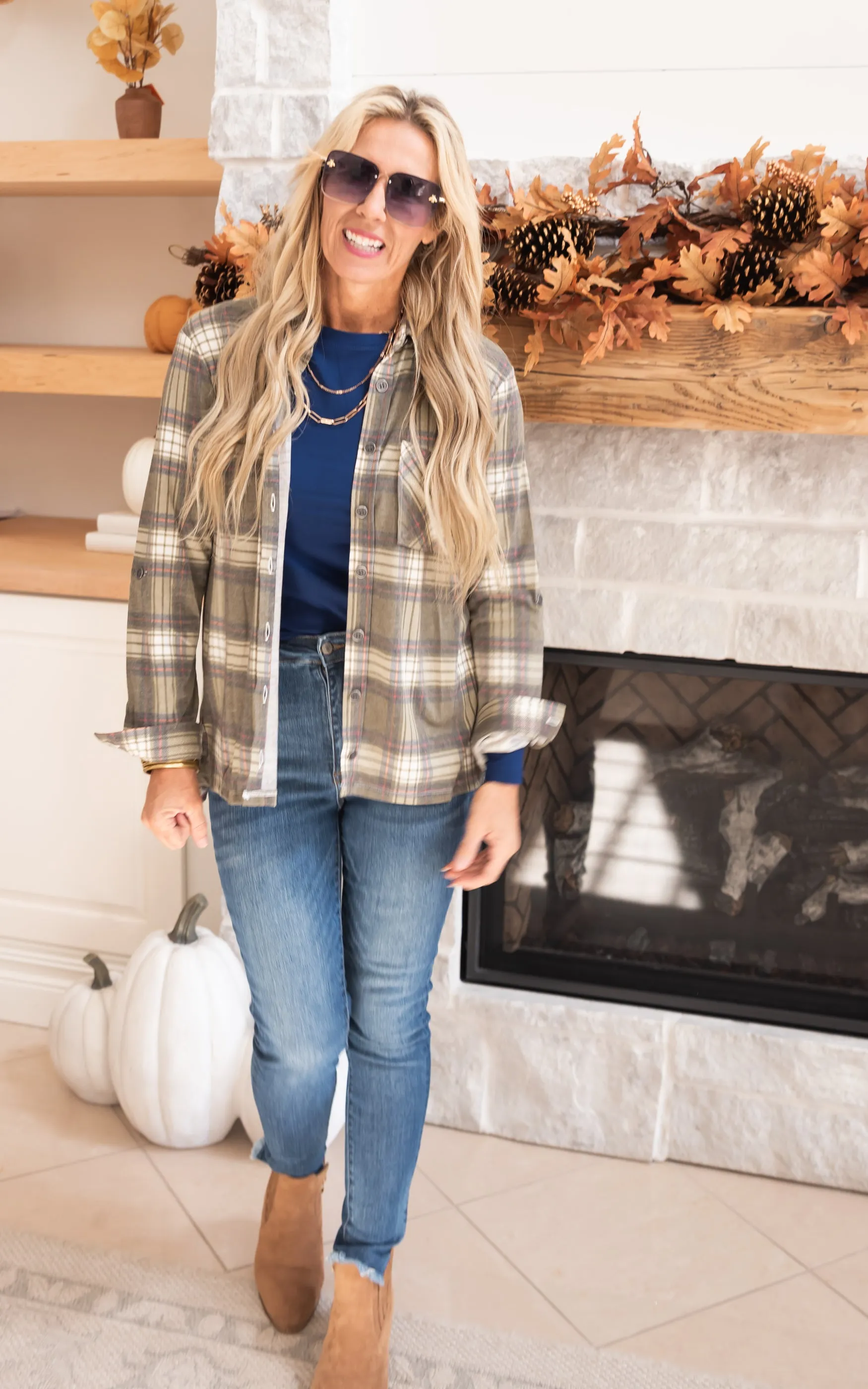 Falling for Plaid Roll Up Long Sleeve Top - Olive