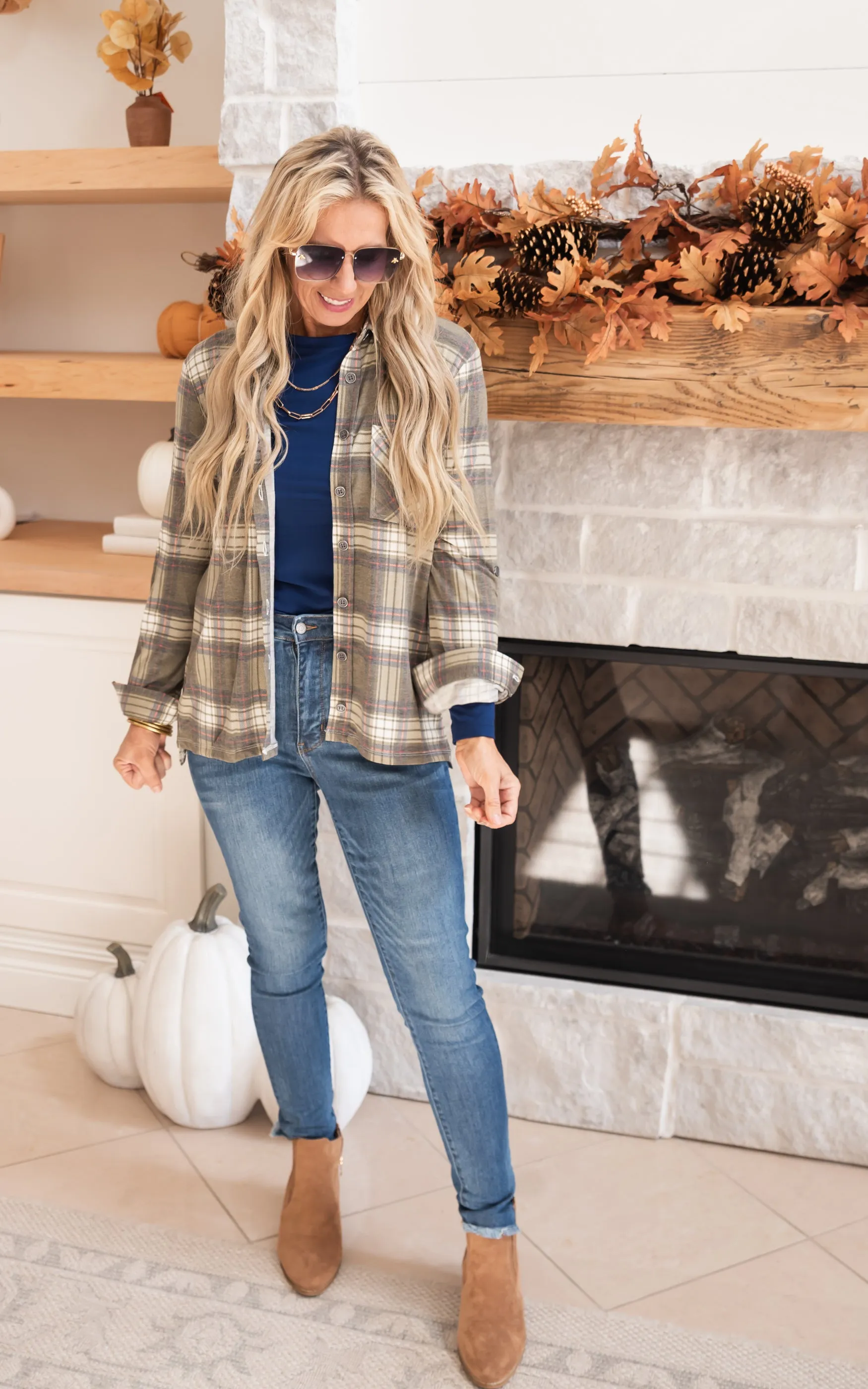 Falling for Plaid Roll Up Long Sleeve Top - Olive