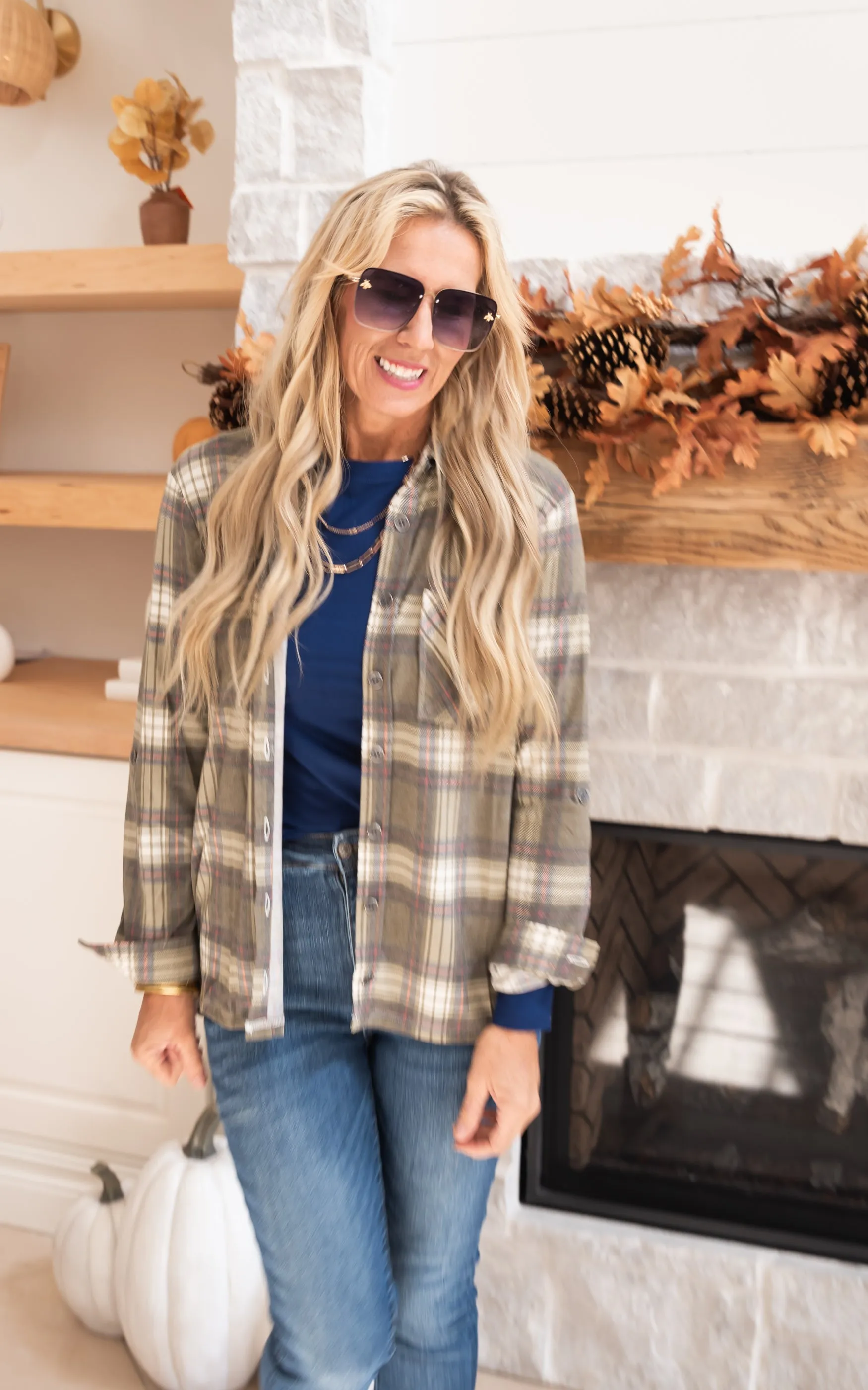 Falling for Plaid Roll Up Long Sleeve Top - Olive