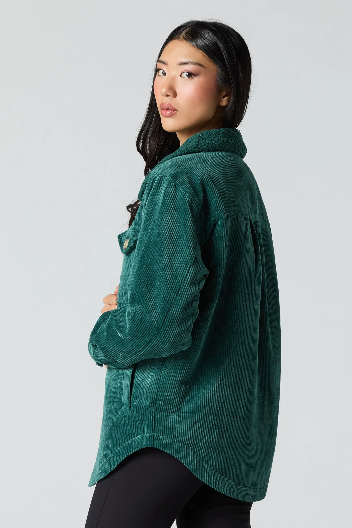 Faux Fur Collared Corduroy Shacket