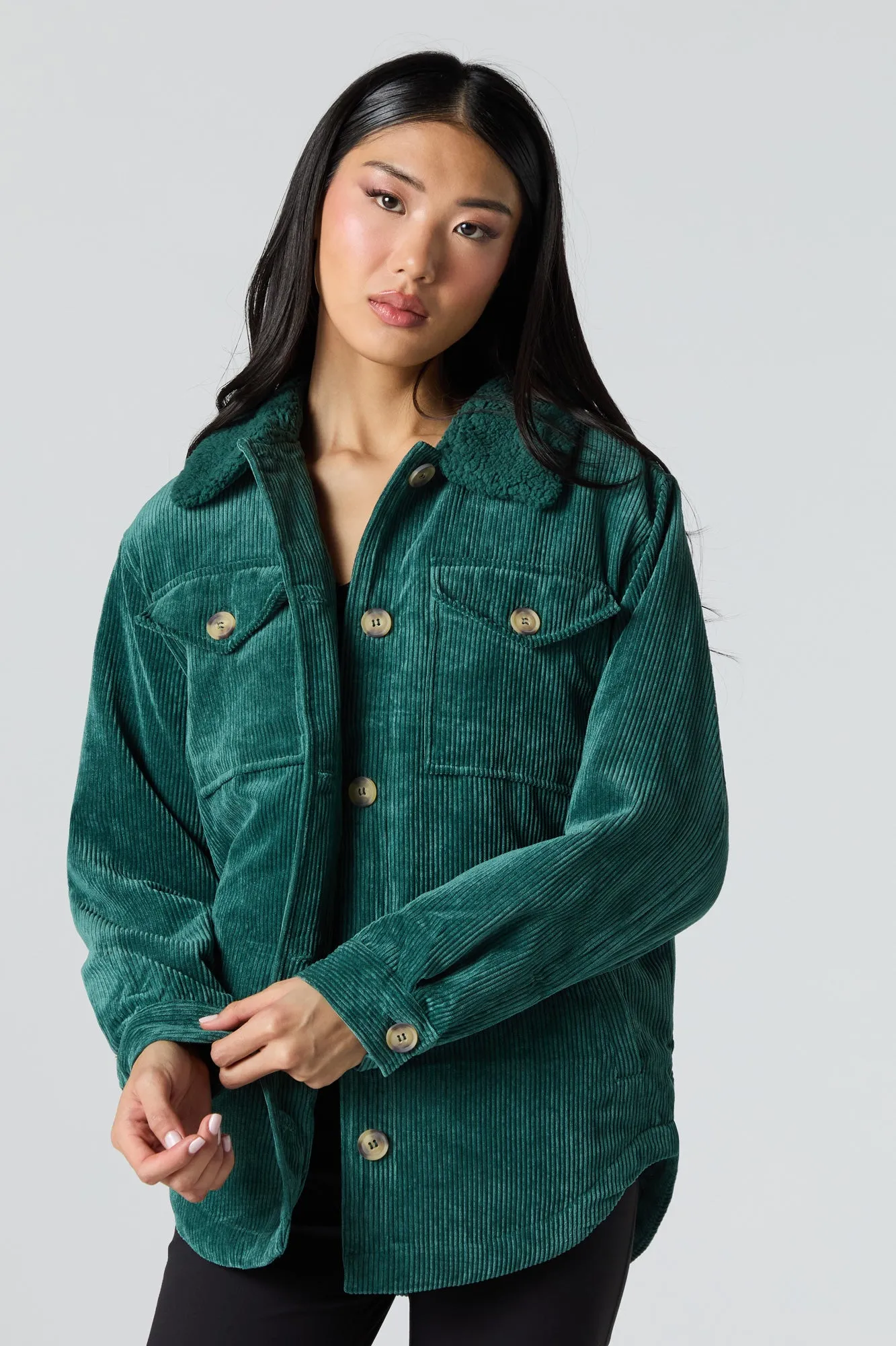 Faux Fur Collared Corduroy Shacket