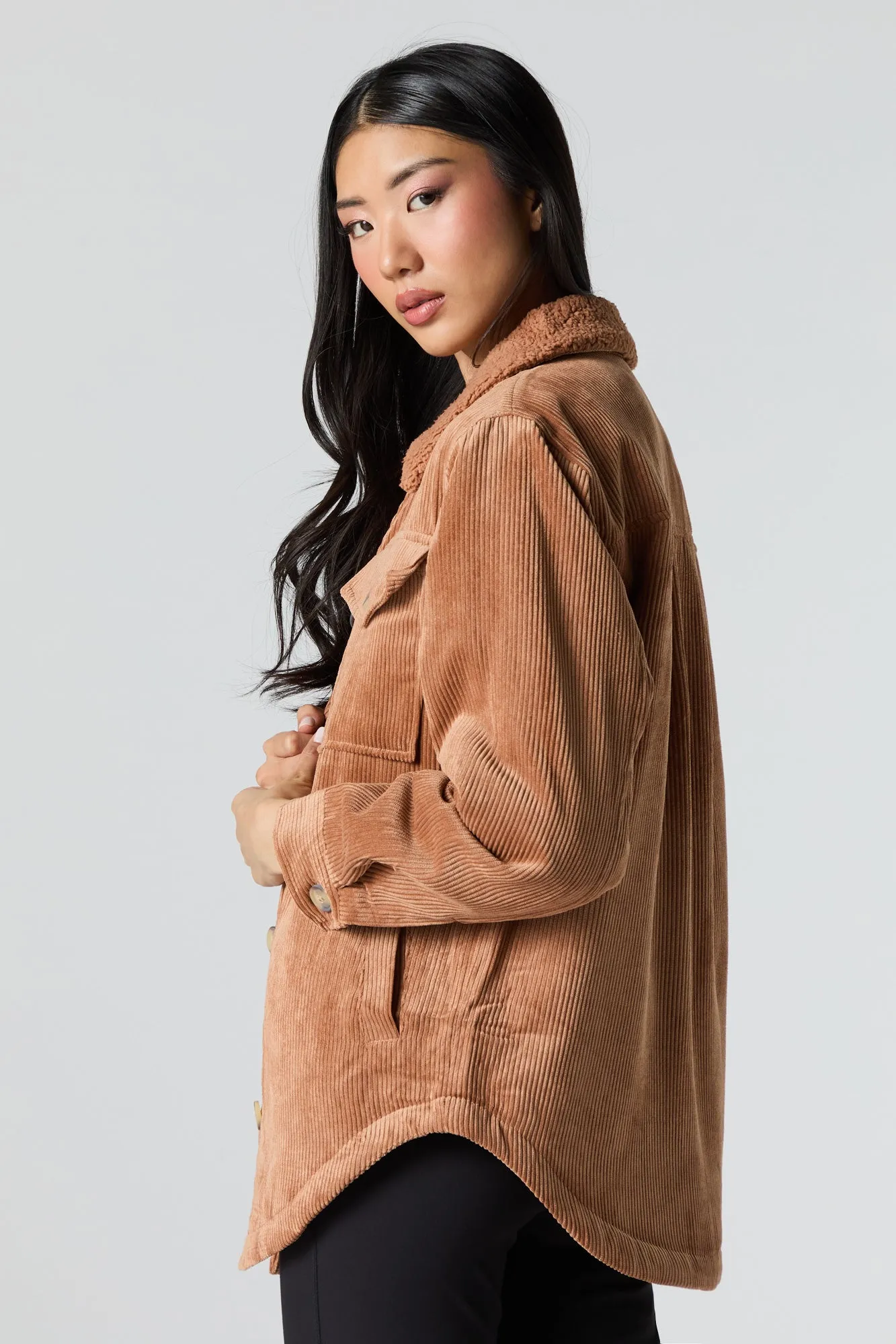 Faux Fur Collared Corduroy Shacket