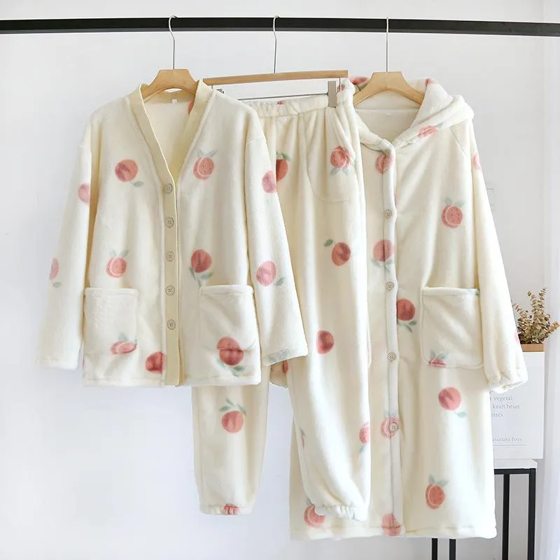 Flannel Pajamas Winter Thick and Velvet Ladies Peach Korean Version Set Cardigan Autumn and Winter Coral Fleece Loungewear