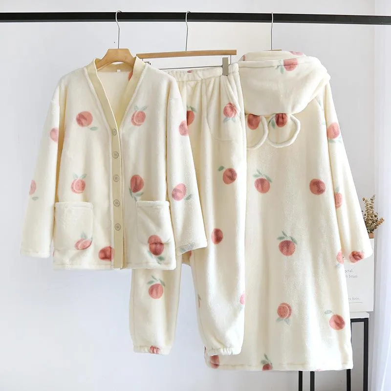 Flannel Pajamas Winter Thick and Velvet Ladies Peach Korean Version Set Cardigan Autumn and Winter Coral Fleece Loungewear