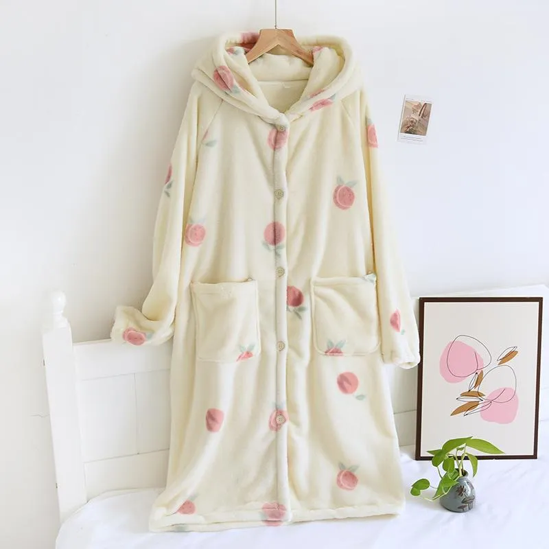 Flannel Pajamas Winter Thick and Velvet Ladies Peach Korean Version Set Cardigan Autumn and Winter Coral Fleece Loungewear