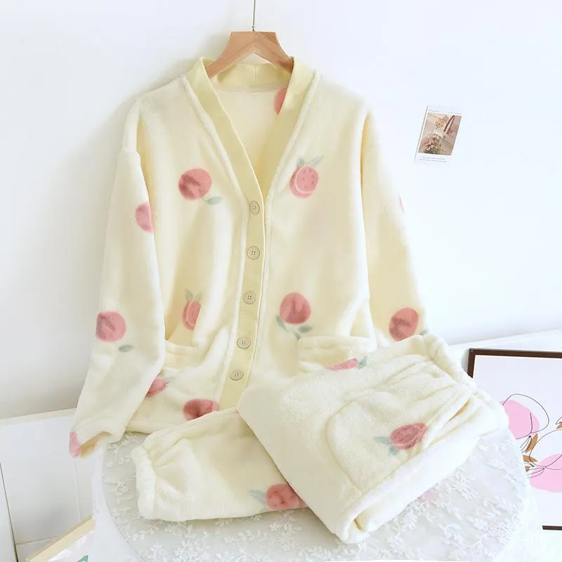 Flannel Pajamas Winter Thick and Velvet Ladies Peach Korean Version Set Cardigan Autumn and Winter Coral Fleece Loungewear